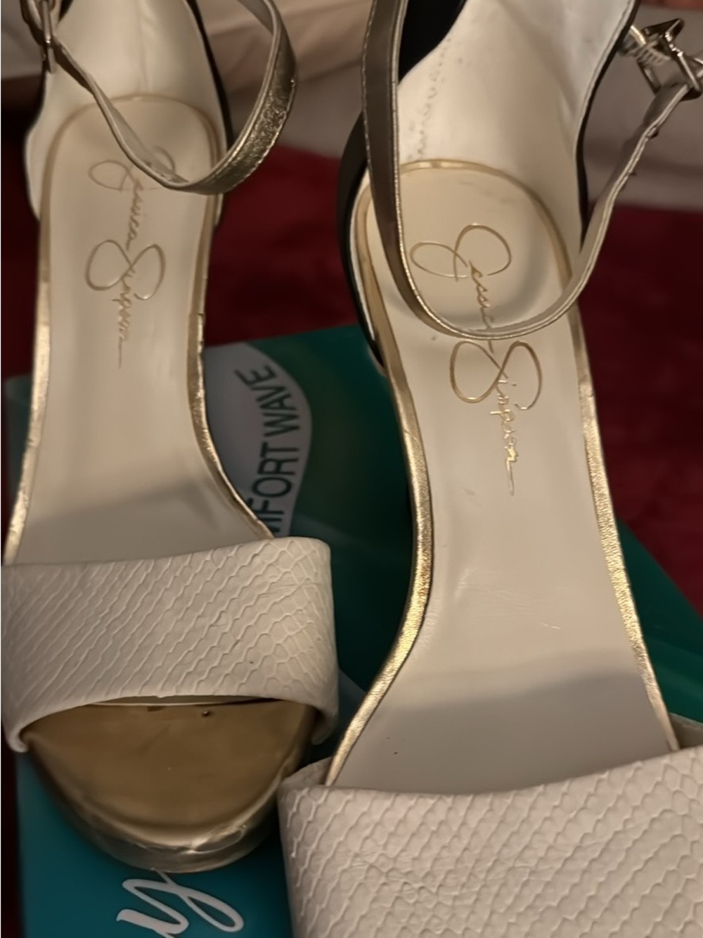 Jessica Simpson White & Gold Textured Open-Toe Ankle-Strap Heels